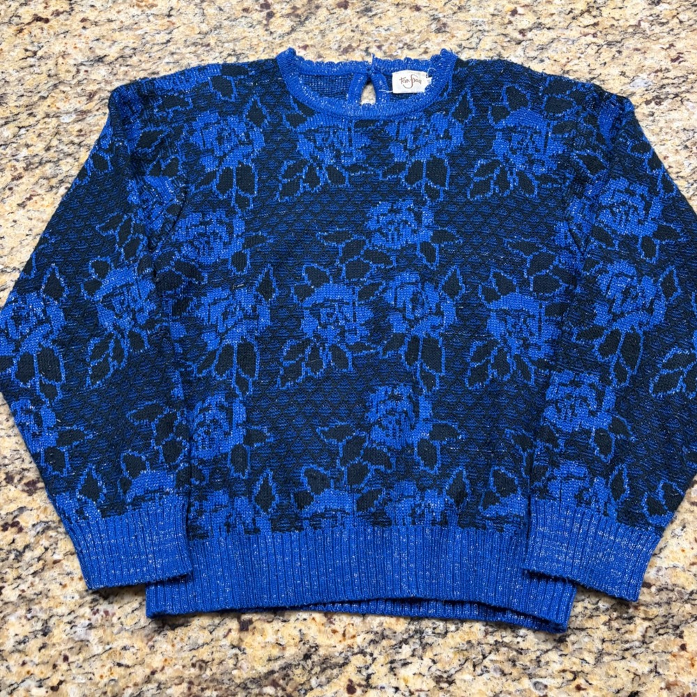 Vintage Tan Jay Blue Black Floral Metallic Knit Sweater Keyhole Back Small